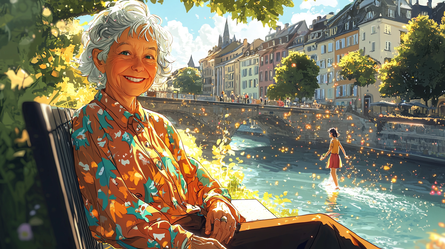 Kurzgeschichte: Die unerwartetste Reise meines Lebens. Eine ältere Baslerin sitzt am Rhein und lächelt zufrieden.