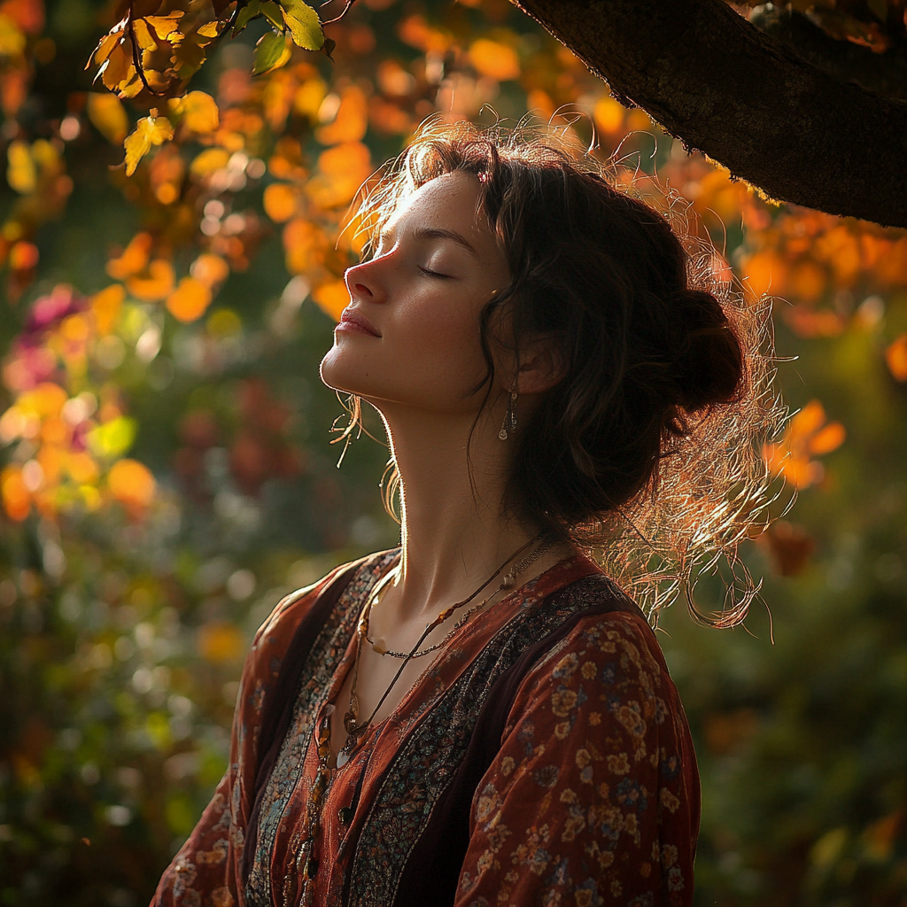 Heilerin der neuen Zeit. Eine junge Frau meditiert unter einer alten Eiche.