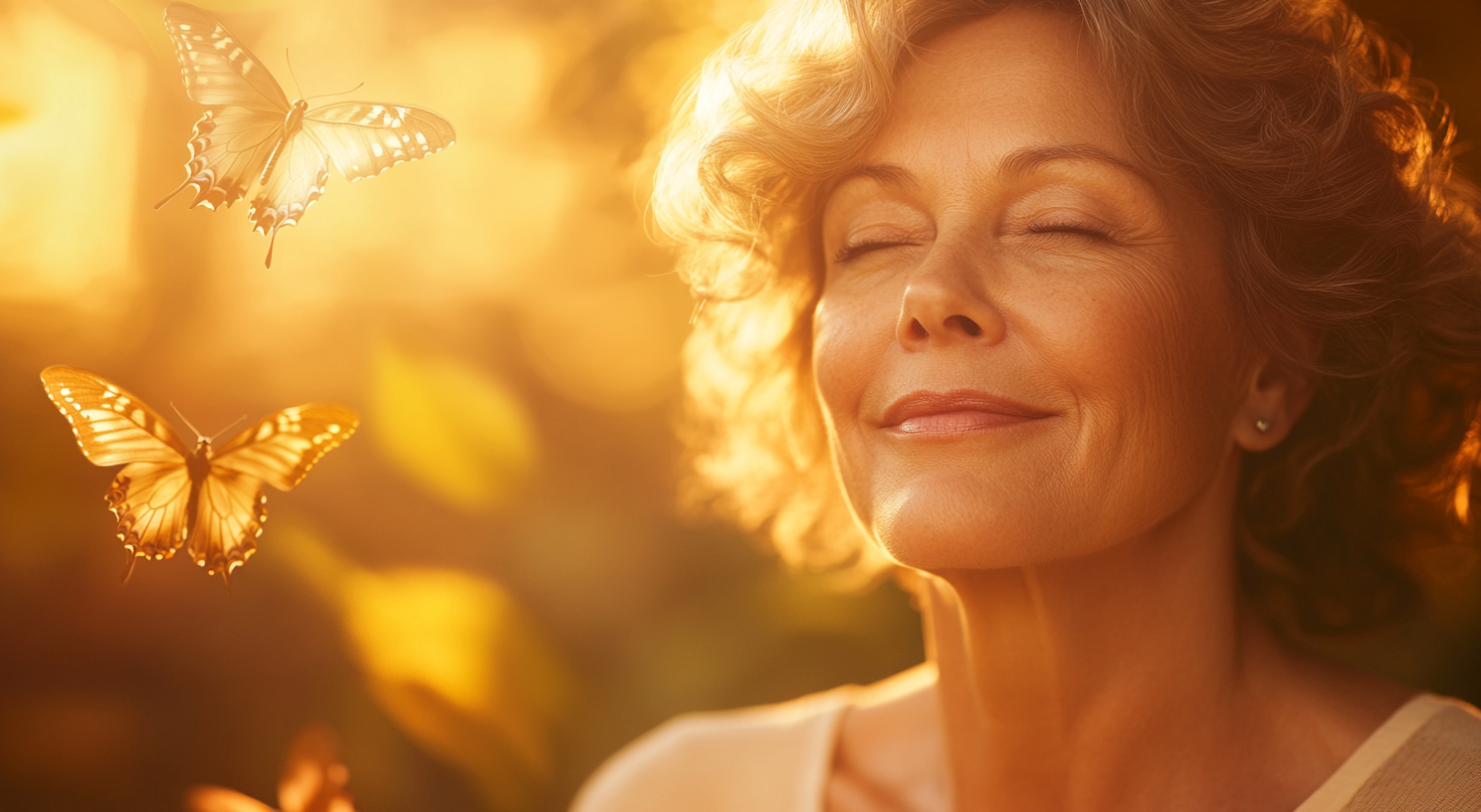 Frau im mittleren Alter, meditiert in goldenem Sonnenlicht, wird von Schmetterlingen umschwärmt. Illustration eines spirituellen Aufstiegs, der innere Transformation und Wachstum symbolisiert.