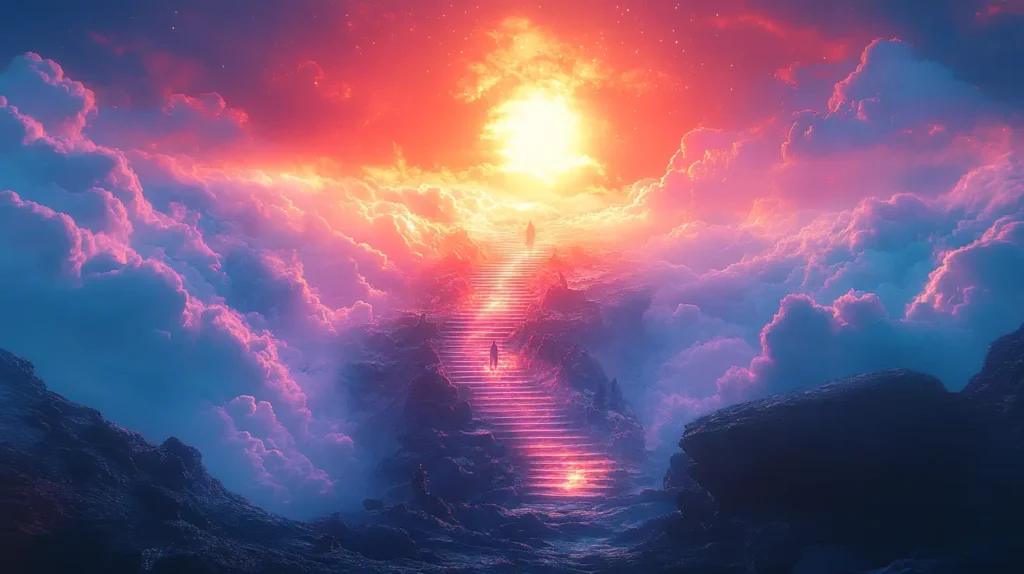 Den Aufstiegsprozess verstehen - Beitragsbild - Ein mystischer Weg führt durch wellenartige Wolken zur Sonne