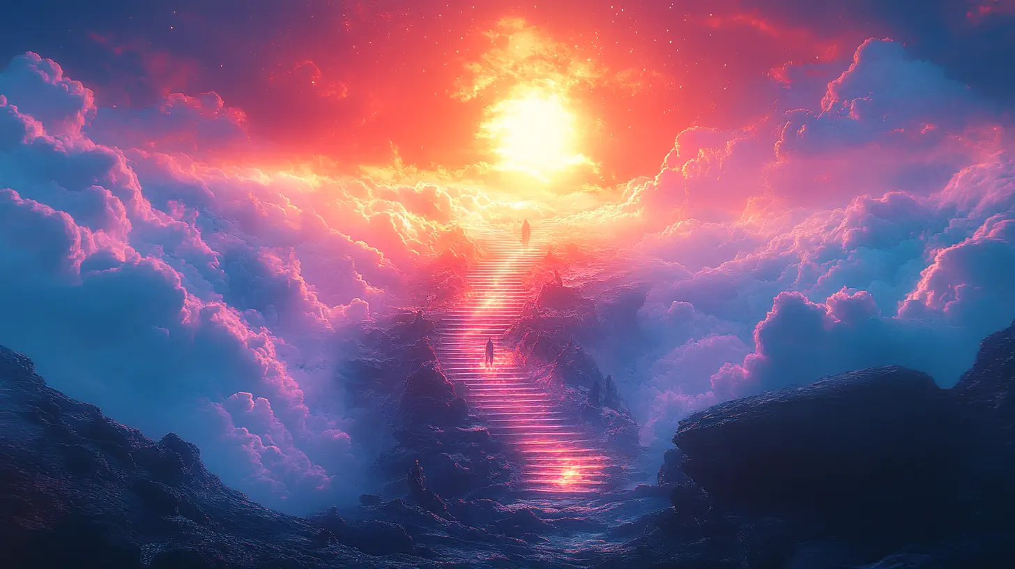 Den Aufstiegsprozess verstehen - Beitragsbild - Ein mystischer Weg führt durch wellenartige Wolken zur Sonne