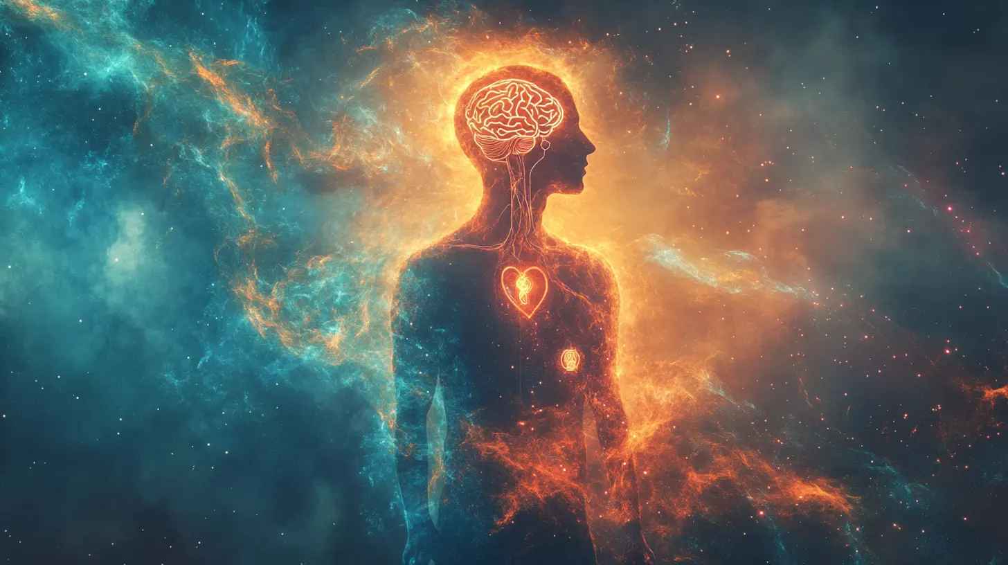 Eine surreale Illustration einer menschlichen Silhouette mit fließenden Energielinien und Symbolen für aktuelle Aufstiegssymptome, die den Transformationsprozess darstellen.