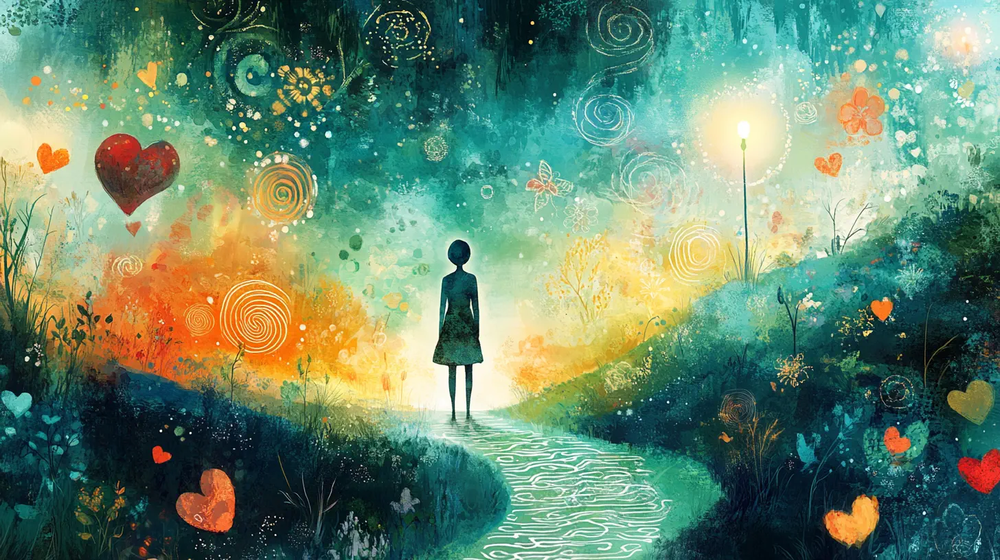 Eine digitale Illustration, die eine Person auf einem Pfad zeigt, mit Symbolen der Transformation und Heilung, die die persönliche Transformation darstellen.