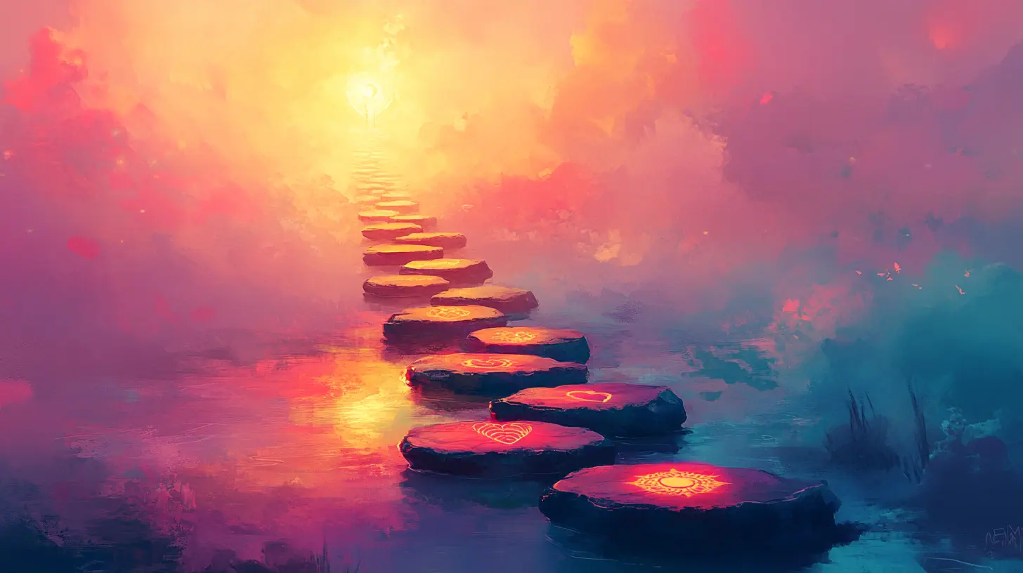 Der Aufstiegsprozess: Eine Reihe von Trittsteinen, die zu einem hellen Licht führen, symbolisieren die Reise der Transformation in dieser Miniserie.